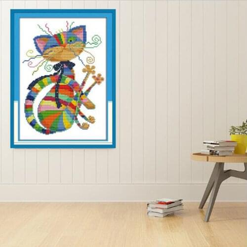 Stamped Cross Stitch kit HD Printed Colorful Cat Patterns 11CT 14CT Embroidery Crafts for Home Decor