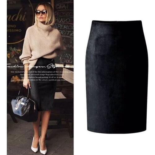 2021 New Deerskin Velvet Womens Daily Simple Winter Girls' Professional Wrap Hips High Waist Self-cultivation Skirt Black
