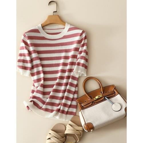 2021 new 100% cashmere striped short sleeve womens sweaters