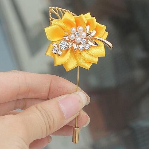New Yellow Satin Flowers Men Wedding Suit Corsage Golden Alloy Crystal Brooch Brides Wedding Party Pin Brooch Flowers