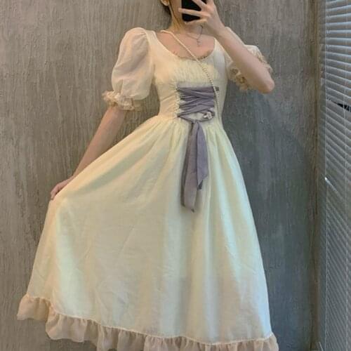 Summer French Retro Dress Women Designer Sweet Cute Lace-up Fairy Midi Dress Female Elegant Outdoor Solid Korean Dress 2021 New