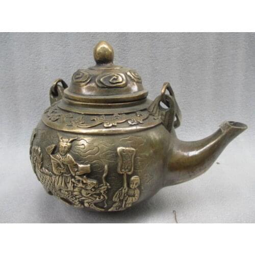 Elaborate Chinese old copper hand-carved fairy riding on the unicorn auspicious teapot