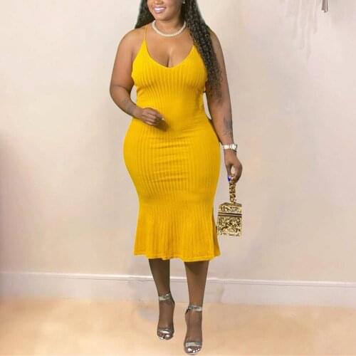 Sexy Spaghetti Strap Mermaid Dress For Women Yellow V Neck Bodycon Fishtail Mid Calf Elegant Evening Night Party Vestidos Mujer