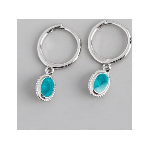 Real 925 Sterling Silver Green Enamel Oval Hoop Earrings For Fashion Women Party Fine Jewelry Geometric Punk Accessories
