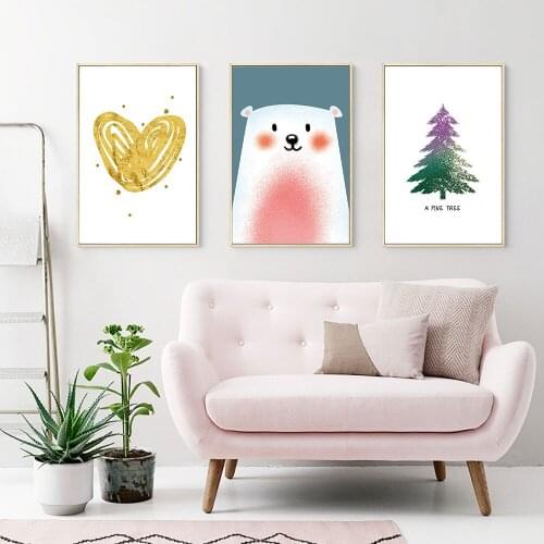 Nordic Cartoon Poster Canvas Animal Cute White Bear Pine Tree Love Painting Art Print Wall Picture Living Kids Rooms Home Decor