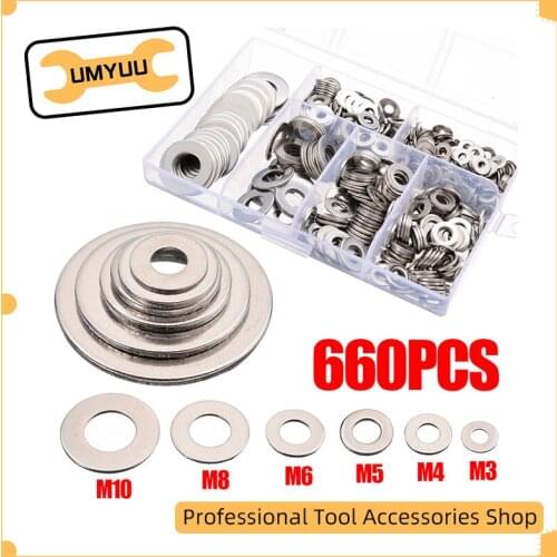UMYUU 660pcs Stainless Steel Washer M3 M4 M5 M6 M8 M10 Plain Washer Kit Screw Fastener Hardware Assortment Accessories