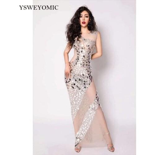 Party Dress Sparkly Silver Rhinestone Mirror Transparent Long Dress Women Birthday Celebrate Dress Dancer Party Show Dress