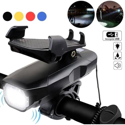 Bicycle Light Mobile Phone Holder USB Rechargeable LED Bike Head Lamp Bike Horn with Powerbank 4 in 1 MTB Cycling Front Light