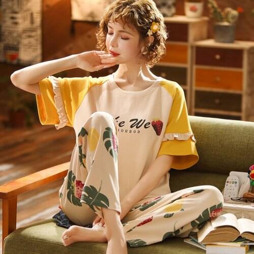 Spring and summer cotton short sleeve lovely han edition trousers students and women pajamas yards summer leisure wear thin mode