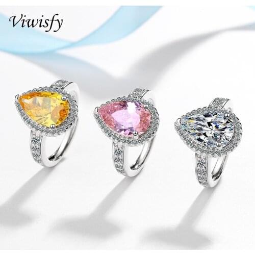 Viwisfy Luxury Crystal Jewelry Wedding Bands Water Drop 925 Sterling Silver Ring For Women VW21254