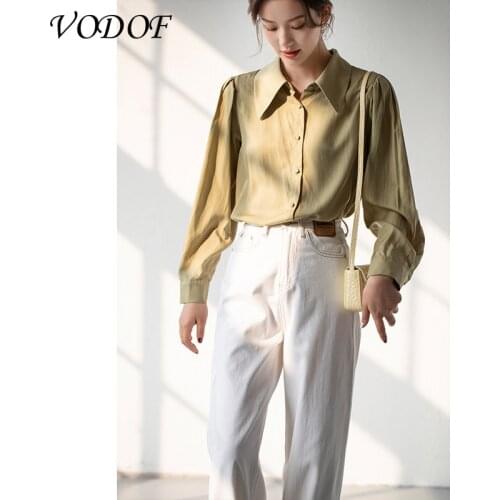 VODOF Womens Clothing Silk Shirt Vintage Blouse Women Sheer Top Women Longsleeve Dress Shirt Plus Size Woman Overshirt