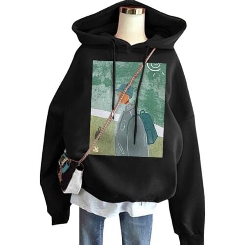 Winter Plus Velvet Casual Women Hoodie Sweatshirt Cartoon Boy Carrying A School Bag To School Print Harajuku Female Pullover