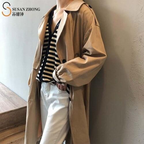Women Coat Trench Lady Long Outwear 2021 Spring New Elegant Casual Office Loose Straight Turn-Down Collar Button Pocket Epaulet
