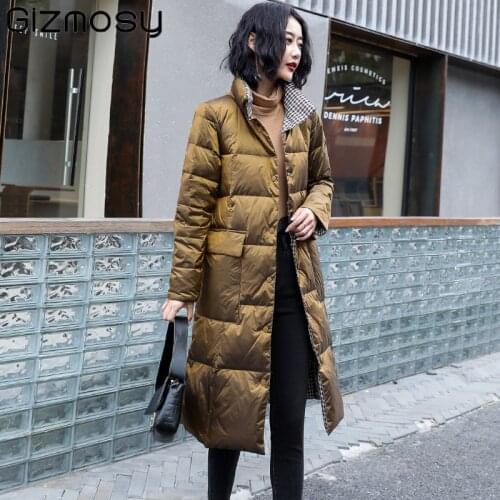 Gizmosy Winter Women Stand Collar White Duck Down Coat Double Breasted Warm Snow Outwear Lapel Double Sided Down Long Jacket