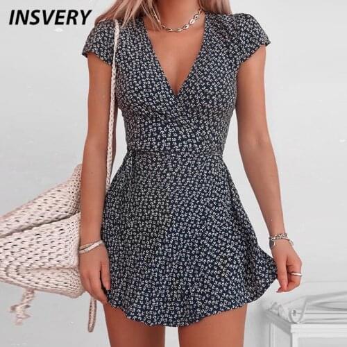 Summer Short Dress Women V Neck Short Sleeve A-Line Dresses For Women Floral Print Beach Party Dress 2021 Fashion Mini Dress