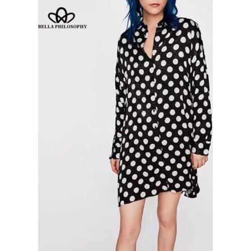 Bella Philosophy women long sleeve dress loose dot ladies mini dress turn down collar female draped dress