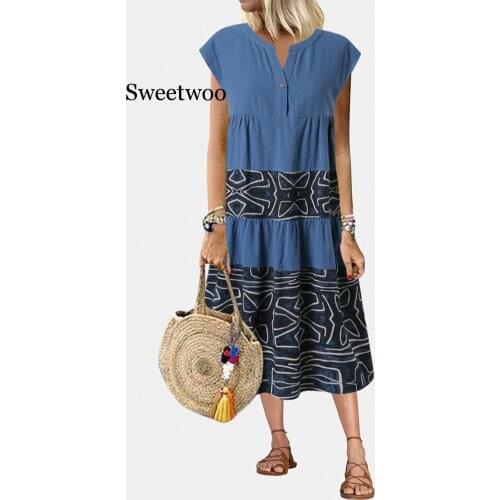 Women Leisure Elegant Dress Single Button V-neck Sleeveless Boho Print Party Dresses 2020 Ladies Vintage Mid-Calf Dress