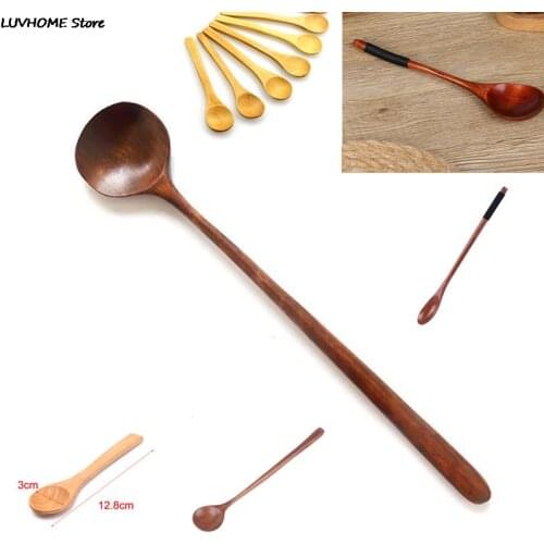 1pcs/6pcs Natural Wooden Spoon Tableware Spoon Anti-scald Tea Coffee Stirring Spoons Long Handle Spoon Kitchen Utensil Tool