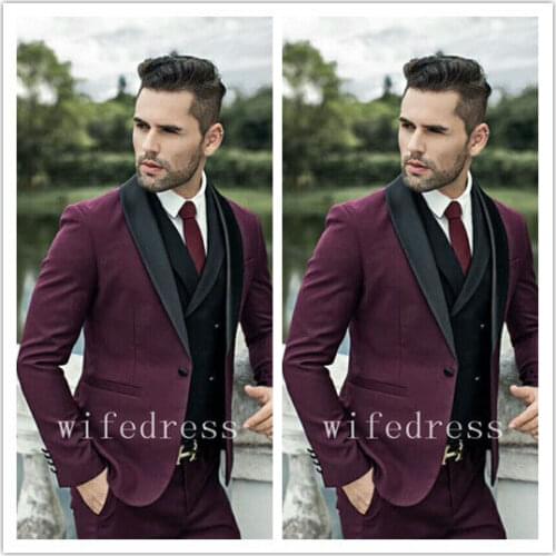 3 PCS Men Wine Red Suit Slim Fit Groomsman Wedding/Prom Suit Groom Tuxedos Suit men suit for wedding