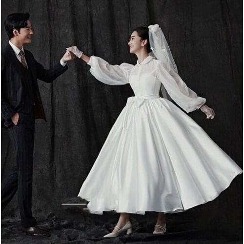 Short A Line Wedding Dresses Long Sleeves Satin Stand Neck Elegant Simple Spring Summer 2021 New Illusion Bride Dress SWD051
