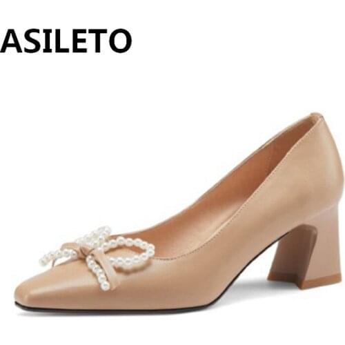 ASILETO Elegant Genuine Leather Women Pumps Med Heel New Pearl Butterfly Knot High Heels Spring Office Wedding Party 43 B2651