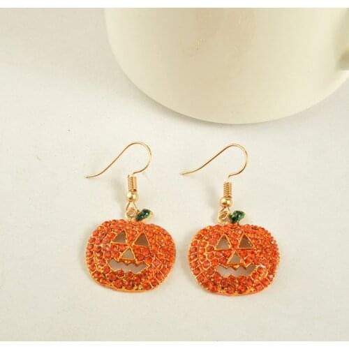 Crystal Smiling Face Pumpkins Drop Earrings Jack O Lantern Halloween Jewelry E56A