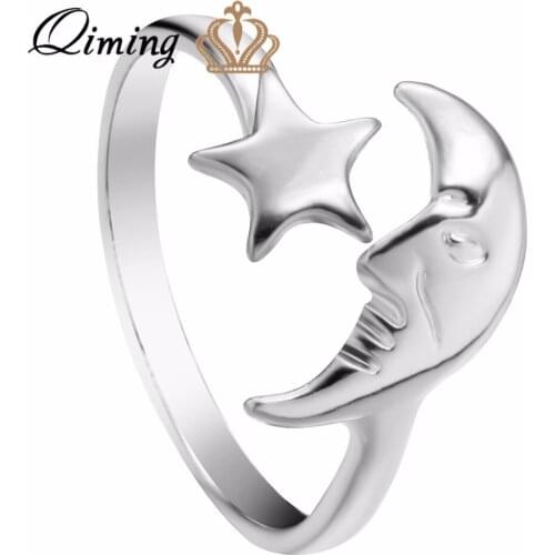 QIMING Stars Boho Rings Gold fashion Crescent Moon Adjustable rings Women Men Crescent Moon Rings Jewelry Boho Ring Bague