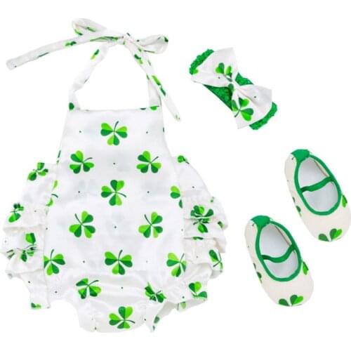 Newborn Toddler Infant Baby Clothes Set Girls St Patricks Day Strap Bodysuit+Hat+Headband Festival Suit Green 3pcs Outfits Sets