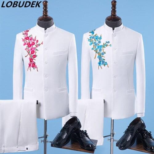 Chinese Style Mens Suit Flower Embroidery Blazers Pants Outfit Two-Pieces Set Chorus Performance Wedding Groom Suits Costume