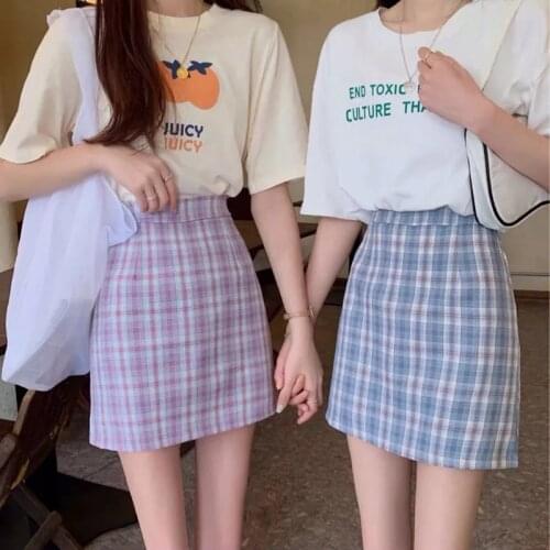 Summer Plaid Mini Skirt Women Preppy Style Cute Sweet Girl High Waist Skirts Female Student A-Line Bag Hip Midi Skirt 2021