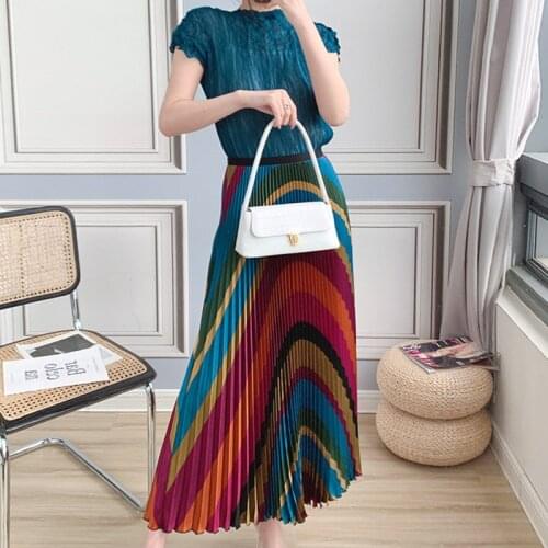 TVVOVVIN Fashion Womens High Waist Pleated Skirt 2021 Summer New Vintage Striped Mid Length All-match Skirt JZ50