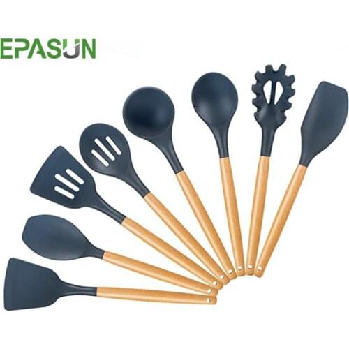 EPASUN 8pcs Kitchen Utensils Silicone Wooden Cooking Tools Sets Turner Spatula Handle Soup Ladle Spoon Slotted Shovel Scrapers