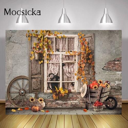 Fall Portrait Backdrop Retro Window Shabby Brick Wall Background Autumn Maple Leaf Romantic Wedding Bridal Shower Photography