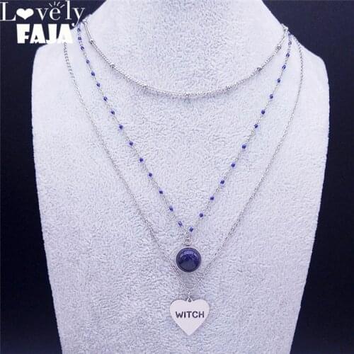 Stainless Steel Blue Natural Stone Witchcraft Heart Witch Layered Necklace Women Silver Color Jewelry collier femme N3514S03