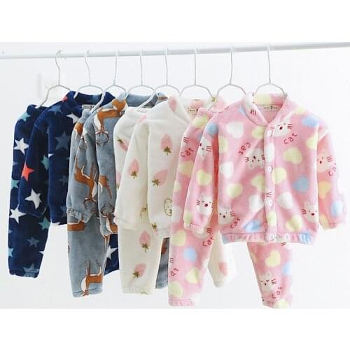Autumn and winter 2021 childrens solid flannel buckle home wear mens and womens pajamas coral wool warm two piece set