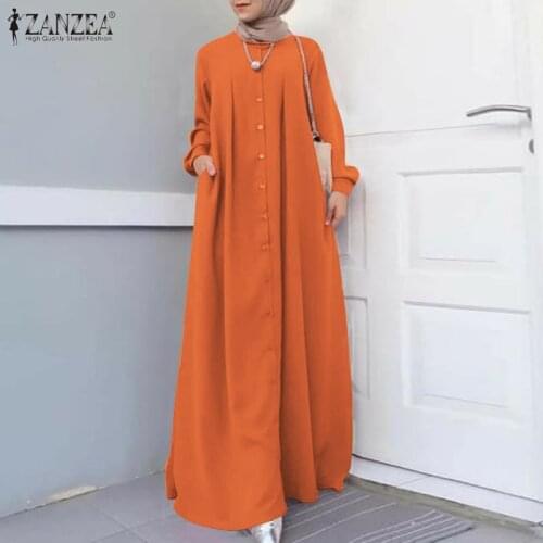 ZANZEA Vintage Hijab Muslim Dress Spring Women Maxi Long Dress Long Sleeve Buttons Sundress Casual Islamic Clothing Caftan Robe
