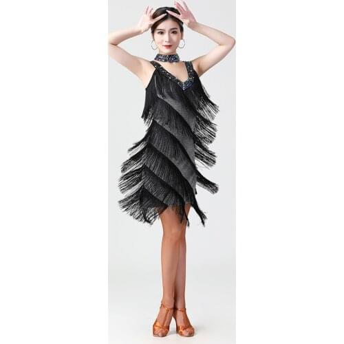Sexy Deep V Neck Latin Dance Competition Dresses Women Salsa Samba Sequins Dress Girls Fringes Costume with Necklace
