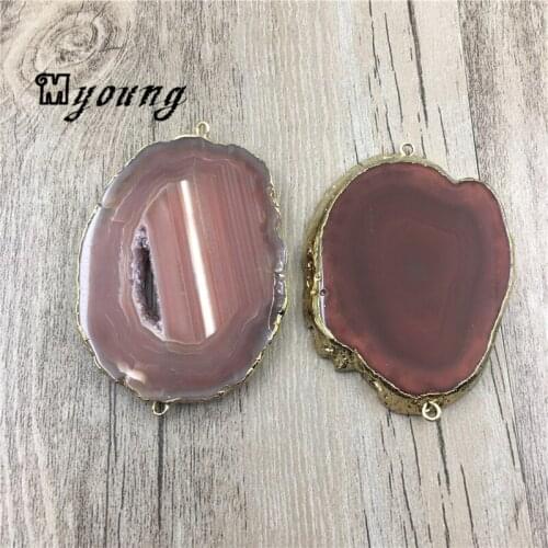 Large Brown Stripped Agates Quartz Druzy Slice Connector Pendant,Pure Gold Edges and bail Slab banded agates Charm MY1509