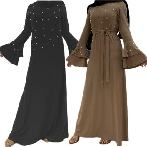 Ramadan Abaya Dubai Beads Kaftan Muslim Women Maxi Dress Long Party Gown Jilbab Caftan Flare Sleeve Robe Islamic Worship Service