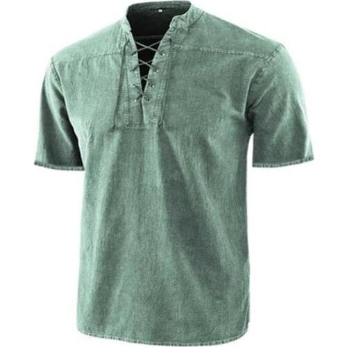 Plus Size Men Shirt Casual Stand Collar Front Vintage Lace Up Male Shirts Short Sleeve V Neck Slim Streetwear Men Shirts