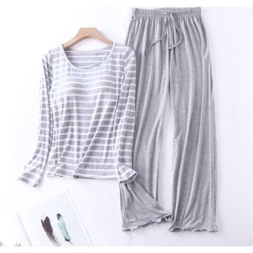 Pink/Gray Striped Pyjamas Women Autumn 2020 New Nighty Set Full Sleeve With Chest Pad Pijama Feninino Sleepwear Large XXL