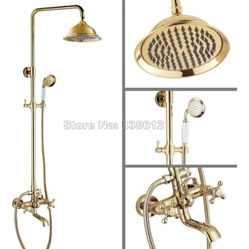 Bathroom Rain Shower Faucet Set Gold Color Brass Dual Cross Handles Bathtub Mixer Tap with Handheld Shower Wall Mounted Wgf393