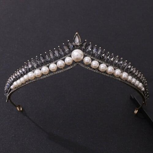 Black/Gold Color Bling Crystal Pearl Tiaras and Crowns Headbands for Women Bride Noiva Wedding Hair Jewelry Accessories FORSEVEN