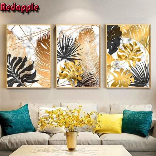 Triptych Golden Leaves Diy Diamond Painting Full Square Round Drill 5D Diamond Embroidery Mosaic Needlework plant Home Decor art