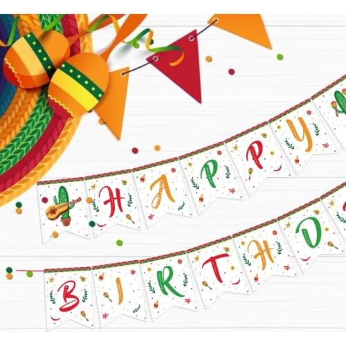 BA271 Colorful Cactus Mexican Cinco De Mayo Carnival Theme HAPPY BIRTHDAY Party Banners Wall Hanging Bunting Flag Decorations