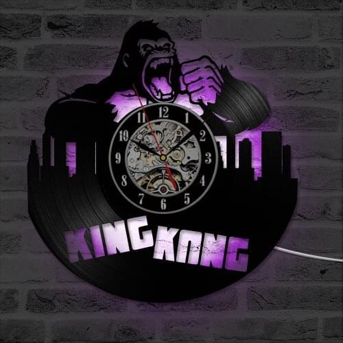 CD Record Wall Clock King Kong Movie Wall Art Vinyl Record Clock Handmade Hanging Antique Room Decor LED Clock