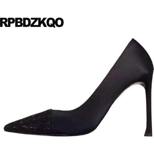 Ladies Satin Dress Shoes Black High Heels Diamond Scarpin Rhinestone Party Pointed Toe Pumps Wedding Evening 3 Inch Size 4 34