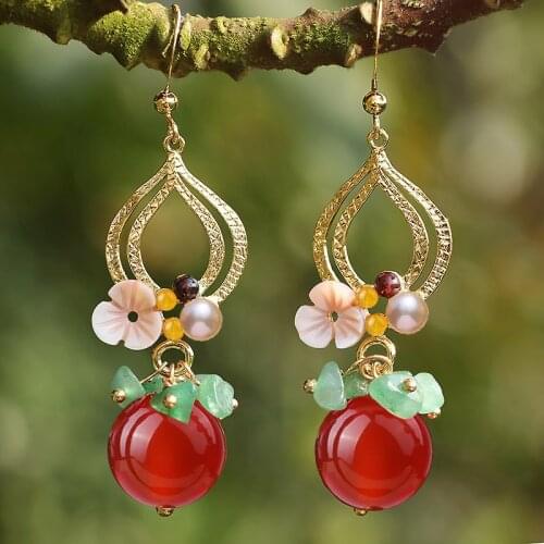 FARLENA Jewelry Handmade Semi-precious Stone Heart shape Drop Earrings for Women Vintage Natural Pink Crystal long Earrings Gift
