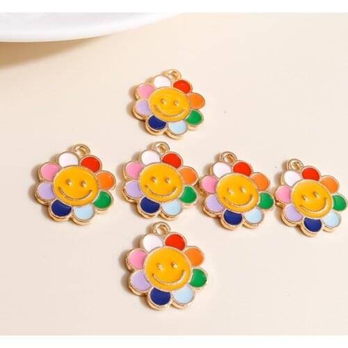 10pcs 17*19mm Cartoon Enamel Sunflower Charms for Jewelry Making Rainbow Color Charms DIY Pendants Earrings Necklaces Findings