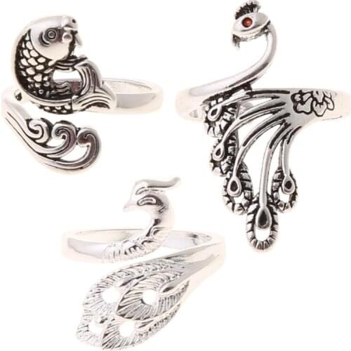 3Pcs Knitting Loop Crochet Ring Set Adjustable Fish Peacock Braided Rings J60E